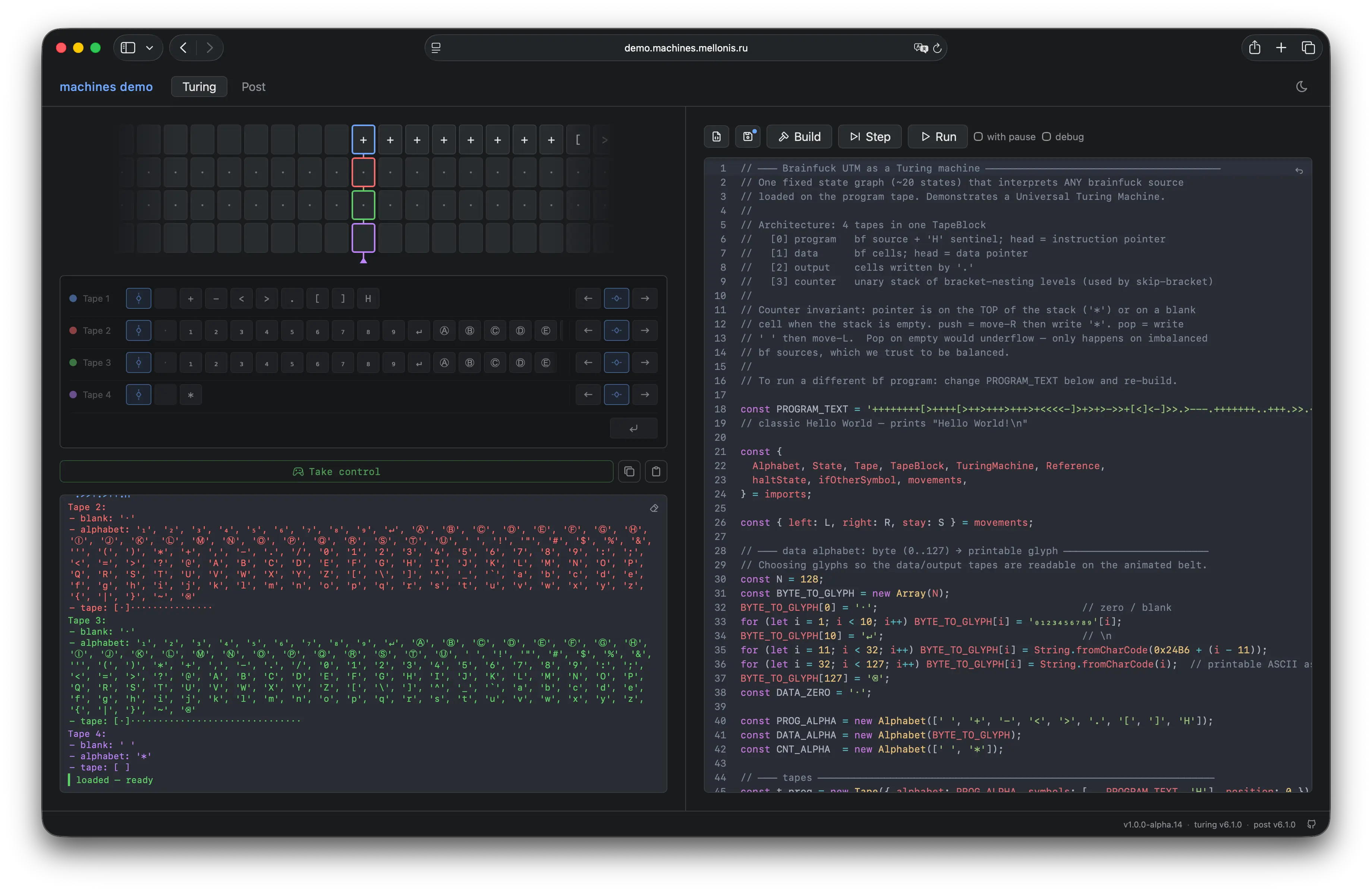 Screenshot of demo.machines.mellonis.ru running a Brainfuck UTM: multi-tape view on the left, engine source on the right